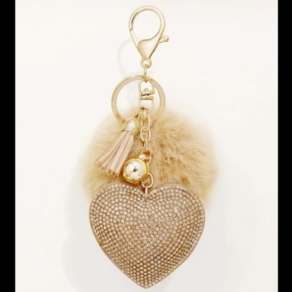 Tan Rhinestone Heart Bag Charm & Keychain